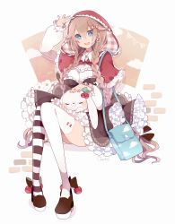 Rule 34 | + +, 1girl, :d, absurdres, animal, animal on lap, arm up, asymmetrical legwear, bag, bandaged fingers, bandages, bandaid, bandaid on hand, bandaid on neck, black footwear, blue eyes, blush, bow, brick, brown hair, capelet, cherry, chon (chon33v), commentary request, dress, earrings, flower earrings, food, frilled capelet, frilled dress, frilled sleeves, frills, fruit, hair between eyes, hair bow, hair flaps, highres, hood, hooded capelet, jewelry, knees together feet apart, legs together, little red riding hood, little red riding hood (grimm), long hair, looking at viewer, messenger bag, mismatched legwear, on lap, open mouth, original, petticoat, petting, plaid, plaid bow, platform footwear, rabbit, red capelet, red hood, shoulder bag, sitting, smile, solo, string of flags, striped clothes, striped thighhighs, thighhighs, very long hair, white thighhighs