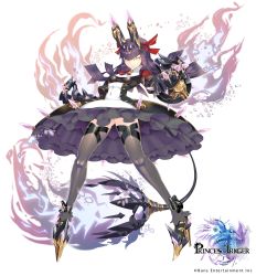 Rule 34 | 1girl, absurdres, bad proportions, black dress, breasts, company name, copyright name, covered navel, dress, full body, gauntlets, grey thighhighs, hair ribbon, highres, horns, long hair, looking at viewer, official art, princess trigger, purple hair, red ribbon, ribbon, simple background, small breasts, solo, spikes, t.a.k., tail, thighhighs, two-tone dress, watermark, white background, white dress, yellow eyes