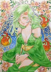 Rule 34 | 1girl, aged up, breasts, cleavage, closed mouth, detached sleeves, earrings, final fantasy, final fantasy iv, fire, flower, green eyes, green hair, hair ornament, highres, jewelry, long hair, looking at viewer, rydia (ff4), smile, solo, thighhighs, yutti