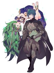 Rule 34 | 1boy, 1girl, armor, black gloves, blue eyes, blue hair, book, braid, byleth (fire emblem), byleth (male) (fire emblem), byuub, closed mouth, coffee mug, cup, dagger, fire emblem, fire emblem: three houses, floating, gloves, green eyes, green hair, hand up, highres, holding, holding book, knife, long hair, mug, nintendo, open mouth, pointy ears, ribbon braid, sheath, sheathed, short hair, simple background, smile, sothis (fire emblem), tiara, twin braids, weapon, white background