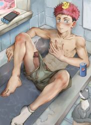 Rule 34 | 1boy, abs, absurdres, animal, bar censor, bathing, bathtub, blush, boxer briefs, brown eyes, can, cat, censored, closed mouth, clothing aside, cum, drink can, ejaculation, erection, ezur3885, feet, grey male underwear, hand on own chest, handheld game console, highres, itadori yuuji, jujutsu kaisen, looking at viewer, male focus, male underwear, male underwear aside, navel, nintendo switch, nipples, partially submerged, penis, pink hair, projectile cum, rubber duck, short hair, single sock, socks, soda can, solo, thighs, toned, toned male, undercut, underwear, water