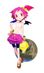 Rule 34 | 1girl, absurdres, bandeau, bare shoulders, bat wings, bike shorts, bike shorts under shorts, black wings, blush stickers, bracelet, choker, closed mouth, demon girl, disgaea, earrings, feet, flat chest, freckles, full body, hair bobbles, hair ornament, hanako (disgaea), hand on own hip, harada takehito, highres, jewelry, light smile, looking at viewer, makai senki disgaea 2, mini wings, navel, nippon ichi, official art, pink hair, pink shorts, platform footwear, pointy ears, pot, puffy shorts, red eyes, sandals, short eyebrows, short hair, short ponytail, shorts, side ponytail, simple background, smile, smiley face, solo, standing, strapless, stud earrings, white background, wings