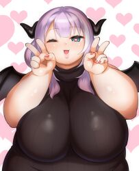 Rule 34 | 1girl, :3, agano mai, black wings, blush, breasts, cleavage, commentary request, curled horns, dot nose, double v, fat, heart, heart background, highres, horns, huge breasts, indie virtual youtuber, lips, long hair, looking at viewer, mini wings, multicolored hair, one eye closed, open mouth, purple hair, red nails, sleeveless, sleeveless sweater, solo, straight-on, sweater, thick arms, turtleneck, turtleneck sweater, two-tone hair, upper body, v, virtual youtuber, wings, zuisawa