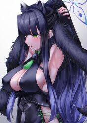 Rule 34 | 1girl, animal ear fluff, animal ears, armpits, arms behind head, black dress, black hair, blue archive, blunt bangs, breasts, bridal gauntlets, center opening, china dress, chinese clothes, cleavage, crossed arms, dress, feather boa, green eyes, halo, hari shumika, high ponytail, large breasts, long hair, shun (blue archive), solo, tassel, tiger ears, tiger girl, upper body