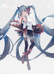 Rule 34 | 1girl, absurdly long hair, aono 99, aqua eyes, aqua hair, bare shoulders, black background, black skirt, black sleeves, black thighhighs, cable, character name, chinese clothes, detached sleeves, diffraction spikes, flower, full body, grey background, hair flower, hair ornament, hand up, hatsune miku, highres, holding, holding microphone, lens flare, long hair, looking at viewer, looking to the side, microphone, miniskirt, open mouth, outstretched arm, pleated skirt, rainbow, red ribbon, resolution mismatch, ribbon, shirt, skirt, sleeveless, sleeveless shirt, solo, source larger, standing, thighhighs, twintails, twitter username, very long hair, vocaloid, white shirt, wide sleeves, zettai ryouiki