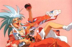 Rule 34 | 1990s (style), 1girl, alcohol, blue hair, blush, breasts, cleavage, japanese clothes, kimono, pink background, retro artstyle, ryouko (tenchi muyou!), sake, solo, spiked hair, tenchi muyou!, yellow eyes