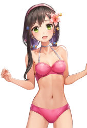 Rule 34 | 1girl, :d, bad id, bad pixiv id, bang dream!, bare arms, bare shoulders, bikini, black hair, blue flower, breasts, collarbone, commentary request, cowboy shot, flower, green eyes, hair flower, hair ornament, hairband, hanazono tae, long hair, looking at viewer, lunacle, medium breasts, multicolored hair, navel, open mouth, orange flower, pink bikini, pink hairband, purple hair, simple background, smile, solo, swimsuit, two-tone hair, white background