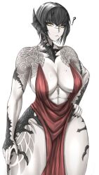 Rule 34 | 1girl, :/, ?, abs, absurdres, arm at side, arm tattoo, au ra, black hair, black horns, black nails, black scales, breasts, closed mouth, cluhob, colored skin, crossed bangs, curvy, dress, final fantasy, final fantasy xiv, fingernails, grey skin, hair between eyes, hand on own hip, highres, horns, large breasts, leg tattoo, looking at viewer, mole, mole under mouth, red dress, revealing clothes, scales, scar, scar on face, scar on nose, short hair, shoulder tattoo, simple background, slit pupils, solo, stomach, tattoo, toned, warrior of light (ff14), yellow eyes