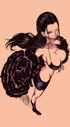 Rule 34 | 1girl, ass, bare shoulders, bikini, bikini top only, black footwear, black hair, boots, breasts, butt crack, cleavage, coat, earrings, female focus, from above, full body, fur coat, jewelry, large breasts, legs, long hair, miniskirt, nico robin, one eye closed, one piece, parted lips, sherumaru (korcht06), skirt, smile, solo, source request, standing, swimsuit, walking, wink