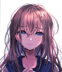 Rule 34 | 1girl, absurdres, bad id, bad pixiv id, blue eyes, brown hair, chigiri kurenai, collarbone, commentary request, crying, hair between eyes, highres, long hair, looking at viewer, original, portrait, sailor collar, shirt, simple background, solo, tears, white background, white shirt