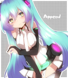 Rule 34 | 1girl, aqua hair, belt, blush, breast hold, breasts, bridal gauntlets, elbow gloves, fingerless gloves, gloves, green eyes, hatsune miku, hatsune miku (append), highres, long hair, looking at viewer, mikumikudance, necktie, solo, tori no karaage, twintails, very long hair, vocaloid, vocaloid append
