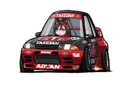 Rule 34 | 1girl, absurdres, animal ears, brown hair, car, chibi, driving, fire, glowing, highres, horse ears, japanese touring car championship, kaito schumacher, looking to the side, mole, mole under eye, motor vehicle, name connection, nissan skyline, nissan skyline gt-r, nissan skyline r32, purple eyes, race vehicle, racecar, seeking the pearl (umamusume), shadow, smile, spoiler (automobile), stance (vehicle), stp taisan, sunglasses, umamusume, v-shaped eyebrows, vehicle focus, white background