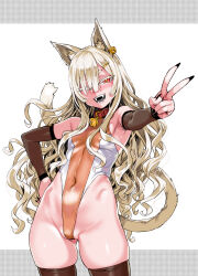 Rule 34 | 1girl, animal ears, asanagi, bell, blonde hair, breasts, cat ears, collar, detached sleeves, ear piercing, elbow gloves, fingernails, gloves, hand on own hip, highleg, highleg leotard, highres, leotard, one eye closed, open mouth, piercing, red eyes, sharp fingernails, slit pupils, small breasts, solo, tail, thick eyebrows, thick thighs, thighs, v, wink