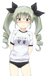 Rule 34 | 10s, 1girl, anchovy (girls und panzer), blush, buruma, double vertical stripe, drill hair, gedou (ge ge gedou), girls und panzer, green hair, gym shirt, gym uniform, hair ribbon, long hair, looking at viewer, name tag, ribbon, shirt, sketch, solo, standing, sweatdrop, t-shirt, translated, twin drills, twintails, white background