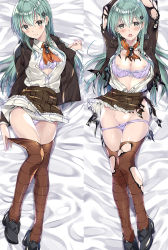 Rule 34 | 1girl, aqua hair, arms up, bad id, bad pixiv id, black footwear, blush, bra, breasts, brown jacket, brown skirt, brown thighhighs, dakimakura (medium), frilled skirt, frills, green eyes, grin, hair ornament, hairclip, highres, jacket, kantai collection, kobayashi chisato, large breasts, long hair, looking at viewer, lying, multiple views, nipples, on back, open clothes, open mouth, orange neckwear, panties, panty pull, pleated skirt, shirt, shoes, skirt, smile, straight hair, striped clothes, striped thighhighs, suzuya (kancolle), thighhighs, torn clothes, torn legwear, underwear, white bra, white panties, white shirt