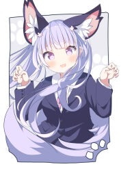 Rule 34 | 1girl, :d, animal ear fluff, animal ears, black jacket, blush, collared shirt, commentary request, commission, daidai ookami, dress shirt, flower, formal, hair flower, hair ornament, hands up, highres, jacket, kemonomimi mode, looking at viewer, neck ribbon, new game!, open mouth, pink flower, pink ribbon, pixiv commission, purple eyes, purple hair, ribbon, shirt, smile, solo, suit, suzukaze aoba, tail, upper body, white shirt
