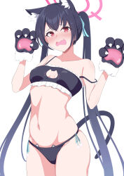 Rule 34 | 1girl, absurdres, animal ear fluff, animal ears, animal hands, arms up, bikini, black bikini, blue archive, cat cutout, cat ear bikini, cat ear panties, cat ears, cat girl, cat lingerie, cat paws, cat tail, clothing cutout, commentary, embarrassed, extra ears, halo, highres, kana (wucz8478), long hair, looking at viewer, loose bikini, meme attire, navel, panties, pink halo, red eyes, serika (blue archive), sidelocks, simple background, solo, swimsuit, tail, twintails, underwear, very long hair, white background