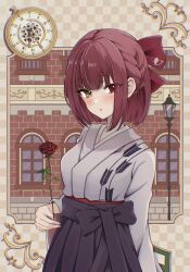 Rule 34 | 1girl, absurdres, alternate costume, arrow through heart, blush, bob cut, bow, braid, breasts, building, eyelashes, flower, grey kimono, hair bow, hakama, hakama skirt, heterochromia, highres, holding, hololive, houshou marine, japanese clothes, kimono, lamppost, long sleeves, looking at viewer, medium breasts, medium hair, mt mozuku, parted lips, patterned background, pocket watch, purple skirt, red bow, red eyes, red hair, rose, skirt, solo, upper body, virtual youtuber, watch, window, yellow eyes