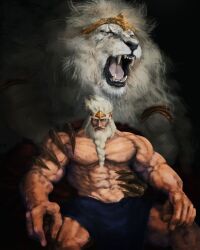Rule 34 | 1boy, 1other, absurdres, bare pectorals, crown, elden ring, godfrey first elden lord, hand on another&#039;s chest, hand on another&#039;s shoulder, highres, holding, jewelry, lion, long hair, looking at viewer, muscular, muscular male, pectorals, qhuas, topless male