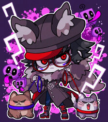 Rule 34 | 1boy, ?, angry, animal ears, animal hat, black footwear, black hair, black hat, blood, blood splatter, boots, cabbie hat, chibi, closed mouth, coat, commentary request, dog, facial mark, fake animal ears, full body, fur-trimmed sleeves, fur collar, fur trim, glasses, grey coat, hat, highres, holding, holding leash, kohinata kanoo, leash, long sleeves, looking at viewer, male focus, master detective archives: rain code, outline, pants, pink blood, red-framed eyewear, red eyes, round eyewear, short hair, solo, standing, white outline, zilch alexander