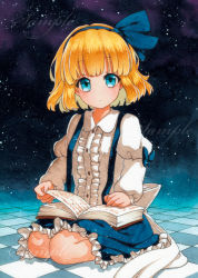 Rule 34 | 1girl, alice margatroid, alice margatroid (pc-98), blonde hair, blue bow, blue eyes, blue skirt, book, bow, buttons, checkered floor, collared shirt, frills, hair bow, juliet sleeves, long sleeves, looking at viewer, puffy sleeves, qqqrinkappp, sample watermark, seiza, shirt, short hair, sitting, skirt, solo, suspender skirt, suspenders, touhou, touhou (pc-98), traditional media, watermark, white shirt