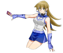 Rule 34 | 1girl, 203wolves, blue gloves, blue skirt, breasts, brown eyes, brown hair, card, closed mouth, cropped legs, duel academy uniform (yu-gi-oh! gx), fingerless gloves, gloves, hair between eyes, highres, holding, holding card, jacket, long hair, looking at viewer, medium breasts, miniskirt, simple background, skirt, sleeveless, sleeveless jacket, solo, straight hair, tenjouin asuka, white background, white jacket, yu-gi-oh!, yu-gi-oh! gx