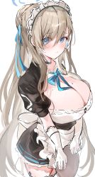 Rule 34 | 1girl, absurdres, apron, asuna (blue archive), bad id, bad pixiv id, black dress, blue archive, blue neckwear, blush, bow, bowtie, breasts, choker, cleavage, dress, elbow gloves, gloves, halo, headphones, highres, large breasts, light brown hair, long hair, maid headdress, mole, mole on breast, neck ribbon, ribbon, short sleeves, solo, white apron, white gloves, yuuko (030 yuko)