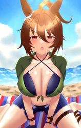 Rule 34 | 1girl, absurdres, ael, agnes tachyon (lunatic lab) (umamusume), agnes tachyon (umamusume), ahoge, animal ears, barefoot, beach, beach towel, bikini, black bikini, black gloves, blue sky, blush, breasts, brown hair, chestnut mouth, cleavage, cloud, cloudy sky, criss-cross halter, denim, denim shorts, ear ornament, gloves, green jacket, hair between eyes, halterneck, highres, horse ears, horse girl, jacket, large breasts, looking at viewer, ocean, official alternate costume, on ground, open fly, open mouth, red eyes, sand, short hair, shorts, single glove, sitting, sky, sleeves rolled up, solo, swimsuit, tied jacket, towel, umamusume, v-shaped eyebrows, wariza, water