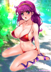 Rule 34 | 1girl, athena (series), backlighting, bikini, blurry, blurry background, breasts, cleavage, day, depth of field, gladiator sandals, hairband, highres, large breasts, lens flare, long sleeves, looking at viewer, navel, open mouth, outdoors, oyaman, princess athena, purple eyes, purple footwear, purple hair, red bikini, sandals, sitting, skindentation, smile, snk, solo, string bikini, swimsuit, twitter username, wariza, yellow hairband