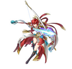 Rule 34 | 1girl, aiming, attack, black footwear, boots, bow (weapon), bow and arrow hold, fire emblem, fire emblem fates, fire emblem heroes, frown, full body, gloves, halo, hinoka (fire emblem), holding, holding bow (weapon), holding weapon, nintendo, official alternate costume, official art, red eyes, red gloves, red hair, sheath, short hair, solo, v-shaped eyebrows, weapon, white background