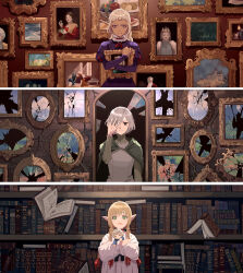 Rule 34 | 3girls, blonde hair, blush, book, bookshelf, braid, broken mirror, cape, character request, crown, dark-skinned female, dark skin, doll, dress, dungeon meshi, falin touden, falin touden (doll), frown, green cape, green eyes, grey eyes, hair over one eye, highres, holding, holding doll, holding painting, long sleeves, looking at viewer, mirror, multiple girls, okazaki oka, painting (object), pointy ears, purple dress, purple eyes, stuffed toy, tearing up, upper body, white hair