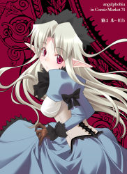 Rule 34 | 1girl, blonde hair, bow, breasts, corset, dress, gloves, hairband, long hair, looking back, medium breasts, original, pink eyes, pointy ears, red eyes, solo, tomomimi shimon, white hair