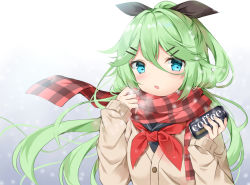 Rule 34 | 1girl, alternate costume, black ribbon, blue eyes, blush, breath, brown cardigan, buttons, can, canned coffee, cardigan, commentary request, drink can, green hair, hair between eyes, hair ornament, hair ribbon, hairclip, half updo, hands up, holding, holding can, kantai collection, long hair, long sleeves, looking at viewer, neckerchief, open mouth, plaid, plaid scarf, red neckerchief, red scarf, ribbon, sailor collar, scarf, sleeves past wrists, snowing, solo, sugisaki yuu, upper body, wind, yamakaze (kancolle)