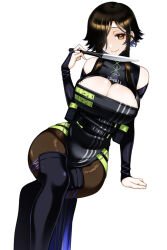 Rule 34 | 1girl, bare shoulders, belt, belt pouch, black belt, black hair, breasts, center opening, chest belt, cleavage, cleavage cutout, clothing cutout, hair over one eye, holding, holding knife, holding weapon, jewelry, katana, knife, koishikawa, large breasts, looking at viewer, multicolored hair, nijisanji, official alternate costume, official alternate hairstyle, orange eyes, pouch, scabbard, sheath, sheathed, shirayuki tomoe, shirayuki tomoe (10th costume), short hair, sidelocks, solo, sword, virtual youtuber, weapon