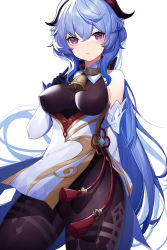 Rule 34 | 1girl, absurdres, ayu (ayuyu0924), bare shoulders, bell, blue hair, bodysuit, breasts, cowbell, detached sleeves, ganyu (genshin impact), genshin impact, gloves, goat horns, hand on own chest, highres, horns, long hair, long sleeves, medium breasts, purple eyes, simple background, sleeveless, solo, very long hair, white background