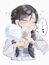 Rule 34 | 1girl, ado (utaite), alternate hairstyle, black hair, blush, braid, chando (ado), closed eyes, commentary request, cotton candy, cropped torso, cup, disposable cup, hair between eyes, hair ornament, hairclip, heart, highres, holding, holding cup, japanese clothes, kimono, long hair, mole, mole under eye, obi, sash, simple background, solo, spoken heart, twin braids, upper body, utaite, white background, white kimono, yurosuke