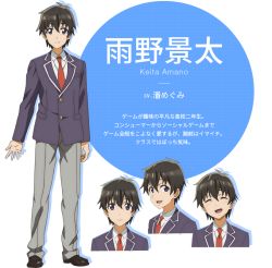 Rule 34 | 1boy, amano keita (gamers!), blush, brown hair, character name, character sheet, expressionless, frown, full body, gamers!, grey eyes, grey pants, happy, jacket, japanese text, loafers, long sleeves, looking at viewer, male focus, multiple views, necktie, official art, open mouth, pants, portrait, red neckwear, school uniform, shirt, shoes, smile, standing, text focus, translation request, transparent background, white shirt