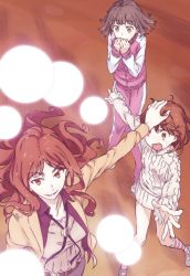 Rule 34 | 3girls, action, attack, blush, breasts, brown eyes, brown hair, colorized, commentary, covering own mouth, energy, energy ball, fantasy, feet out of frame, from above, full body, gazing eye, glowing, haimura kiyotaka, hands up, height difference, highres, indoors, kinuhata saiai, kneehighs, light blush, long hair, long sleeves, looking at another, looking away, medium breasts, medium hair, mugino shizuri, multiple girls, novel illustration, official art, open mouth, outstretched arm, outstretched arms, pants, pink pants, psychic, science fiction, small breasts, smile, socks, spoilers, sweater, takitsubo rikou, teeth, thighs, toaru majutsu no index, toaru majutsu no index: new testament, v-shaped eyebrows, white footwear, white sleeves