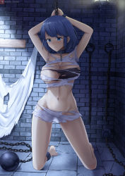 Rule 34 | 1girl, armpits, arms up, azur lane, ball and chain restraint, bare arms, bare legs, barefoot, blue eyes, blue hair, breasts, chain, chapayev (azur lane), chapayev (the captive cavalier) (azur lane), cleavage, collar, groin, highres, joko jmc, kneeling, large breasts, looking at viewer, midriff, navel, prison, restrained, shirt, short hair, solo, stone floor, stone wall, torn clothes, wall, white shirt
