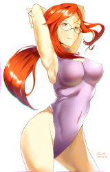 Rule 34 | 1girl, 2021, alternate costume, armpits, arms behind head, arms up, breasts, brown eyes, casual one-piece swimsuit, cleavage, cleavage cutout, closed mouth, clothing cutout, commission, covered erect nipples, covered navel, cowboy shot, creatures (company), dated, floating hair, frlgrgby, game freak, glasses, highleg, highleg swimsuit, highres, large breasts, long hair, lorelei (pokemon), nintendo, one-piece swimsuit, pixiv commission, pokemon, pokemon frlg, ponytail, purple one-piece swimsuit, red hair, semino hazuki, signature, simple background, smile, solo, standing, swimsuit, very long hair, white background