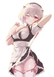Rule 34 | 1girl, absurdres, apron, arm behind head, azur lane, breasts, classic (zildjian33), cleavage, cowboy shot, headdress, highres, large breasts, looking at viewer, maid, one eye closed, panties, puffy short sleeves, puffy sleeves, red eyes, red ribbon, ribbon, short hair, short sleeves, simple background, sirius (azur lane), skindentation, solo, thighhighs, underwear, waist apron, white background, white hair, white panties, white thighhighs
