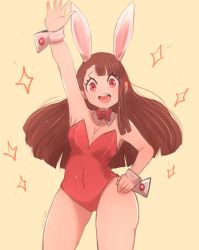 Rule 34 | 1girl, animal ears, arm up, asymmetrical bangs, bare shoulders, bow, bowtie, breasts, brown hair, cleavage, covered navel, cowboy shot, detached collar, fake animal ears, hand on own hip, highres, kagari atsuko, leotard, little witch academia, long hair, looking at viewer, omiza somi, open mouth, playboy bunny, rabbit ears, red eyes, red leotard, smile, solo, strapless, strapless leotard, wrist cuffs