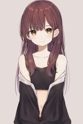 Rule 34 | 1girl, absurdres, akipeko, bare shoulders, black jacket, black shirt, blush, brown eyes, brown hair, camisole, closed mouth, collarbone, crop top, grey background, highres, jacket, long hair, long sleeves, looking at viewer, midriff, navel, off shoulder, open clothes, open jacket, original, shirt, sidelocks, simple background, smile, solo, upper body