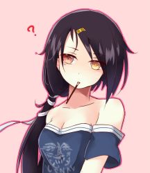 Rule 34 | 1girl, ?, azur lane, black hair, blouse, blue shirt, breasts, cassin (azur lane), cleavage, clothes writing, detached sleeves, food, heterochromia, highres, long hair, mole, mole under eye, mouth hold, pink background, pocky, pocky day, red eyes, shirt, simple background, small breasts, solo, upper body, yellow eyes