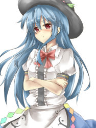 Rule 34 | 1girl, blue hair, blush, bow, crossed arms, deetamu, female focus, food, fruit, hat, highres, hinanawi tenshi, long hair, looking at viewer, peach, puffy sleeves, red eyes, shirt, short sleeves, simple background, skirt, sky, solo, tam-out (datam), touhou, very long hair, white background