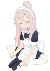 Rule 34 | 1girl, absurdres, ahoge, alternate costume, apron, butterfly sitting, closed eyes, commentary, enmaided, full body, highres, jiryu50610218, light brown hair, long hair, maid, maid apron, maid headdress, mary janes, onii-chan wa oshimai!, oyama mahiro, pantyhose, parted lips, shoes, simple background, sitting, sleeping, sleeping upright, solo, white background, white pantyhose