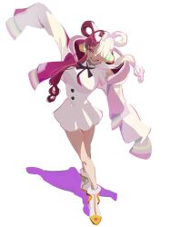 Rule 34 | 1girl, ^ ^, arms up, bare legs, black ribbon, breasts, buttons, closed eyes, cowboy shot, dress, frilled dress, frills, full body, hair over one eye, hair ribbon, headphones, highres, jacket, large breasts, multicolored hair, one piece, petals, red hair, ribbon, smile, solo, twintails, two-tone hair, ususmomo, uta (one piece), white background, white dress, white hair, wide hips