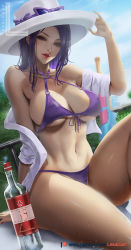 Rule 34 | 1girl, alcohol, bikini, bottle, breasts, caitlyn (league of legends), eyewear on head, large breasts, league of legends, lexaiduer, liquor, long hair, looking at viewer, nail polish, navel, parted lips, purple hair, sideboob, sitting, solo, sunglasses on head, swimsuit