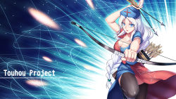 Rule 34 | 1girl, arrow (projectile), black thighhighs, blue eyes, blush, bow (weapon), breasts, cleavage, collarbone, copyright name, highres, holding, holding bow (weapon), holding weapon, large breasts, looking at viewer, open mouth, silver hair, smile, solo, thighhighs, touhou, wallpaper, weapon, x-boy, yagokoro eirin