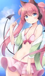 Rule 34 | 1girl, animal ear headphones, animal ears, bare shoulders, bemani, bikini, bikini skirt, blue sky, blush, breasts, cat ear headphones, cleavage, closed mouth, cloud, collarbone, commentary request, day, demon tail, fake animal ears, fang, fang out, green jacket, hair between eyes, head tilt, headphones, highres, jacket, kyuukon (qkonsan), long hair, looking at viewer, nagisa (bemani), navel, ocean, off shoulder, open clothes, open jacket, outdoors, pink hair, sidelocks, sky, small breasts, smile, solo, striped bikini, striped clothes, swimsuit, tail, twintails, two side up, very long hair, water